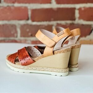 PIKOLINOS Tan and Brown Wedge Sandals with Cork Finish